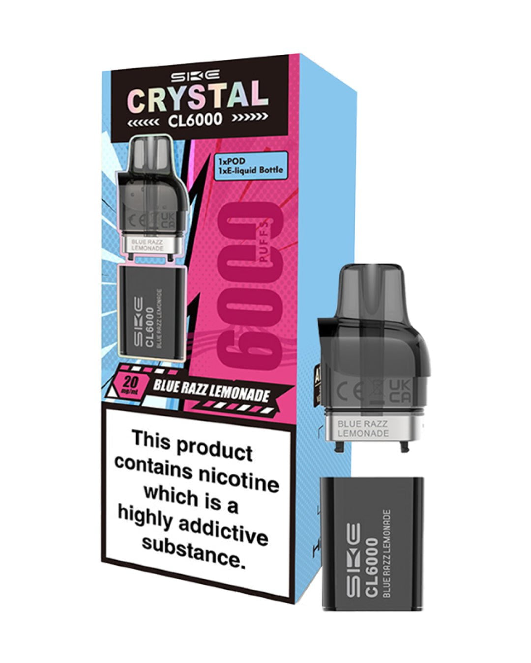 SKE Crystal CL6000 Blue Razz Lemonade Prefilled Pod, 20 mg spirits